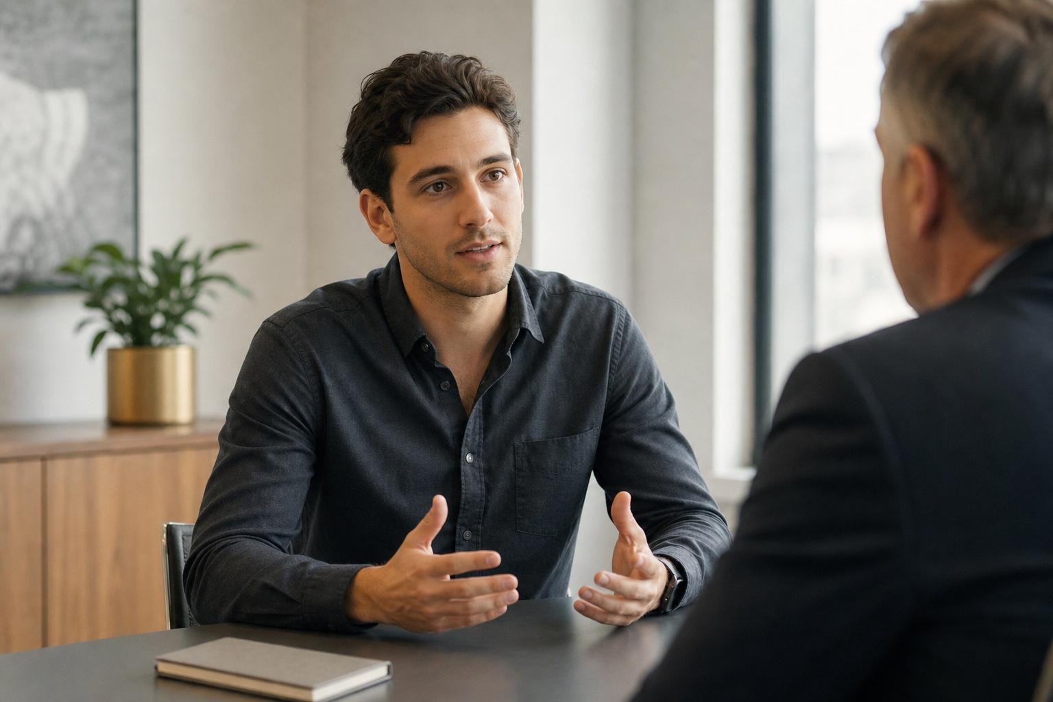 Young Professional erläutert seinem Gesprächspartner ruhig seine Gehaltsargumentation