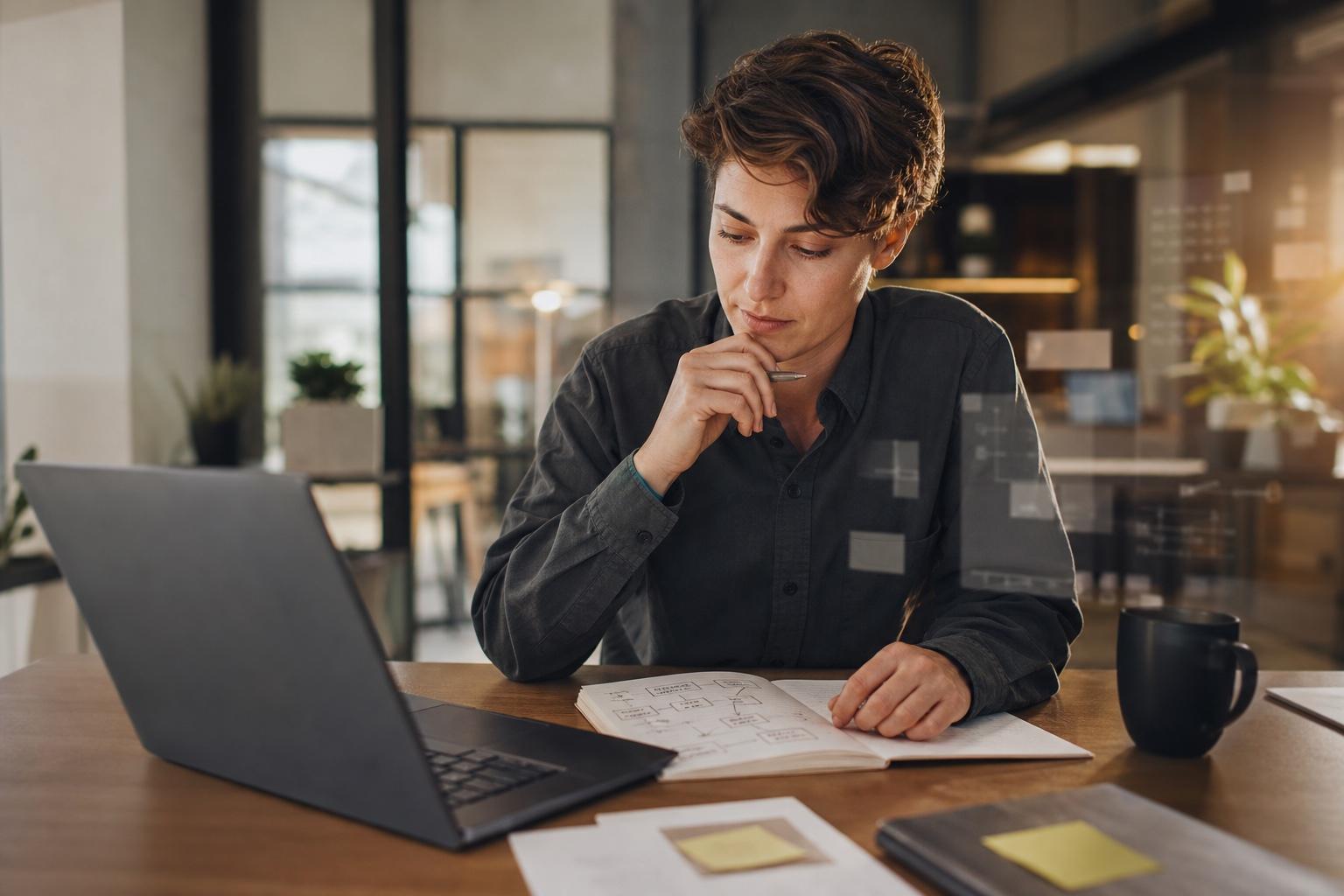 Young Professional reflektiert seine berufliche Positionierung in einer modernen Arbeitswelt mit AI