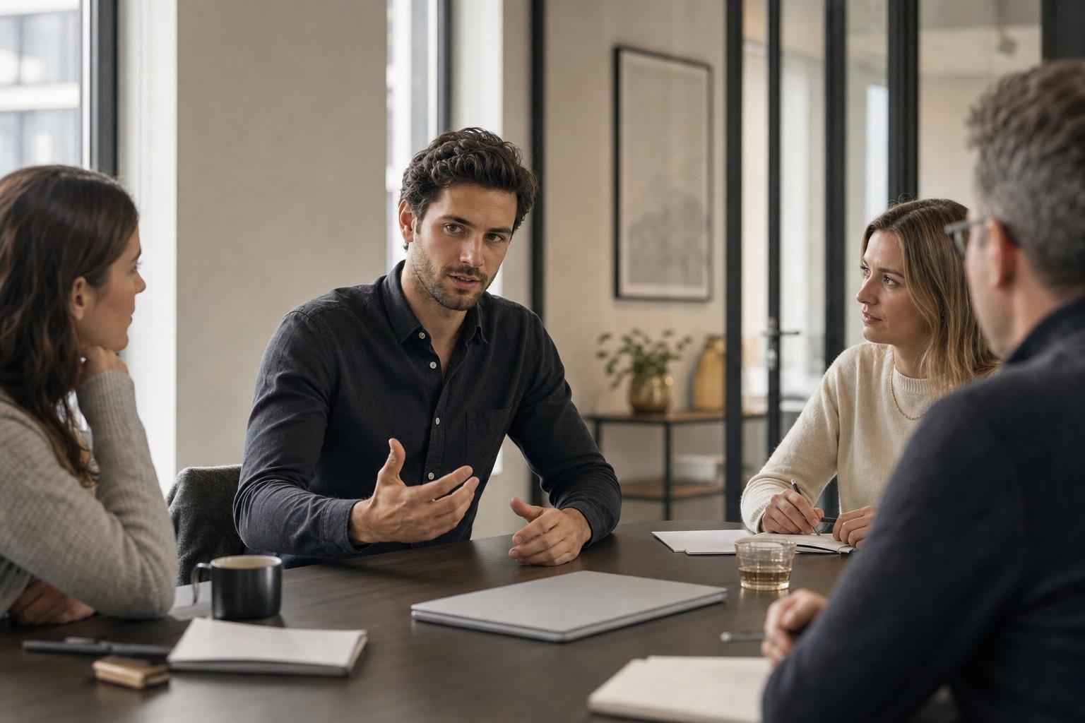 Young Professional bringt seinen fachlichen Beitrag in einem konzentrierten Teamgespräch sichtbar ein